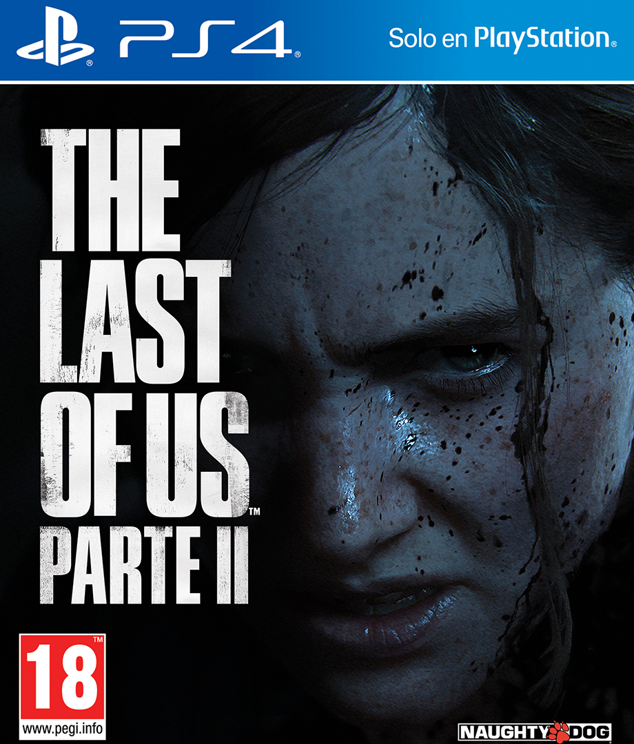 Carátula del videojuego The Last of Us Part II en su versión para PlayStation 4, que muestra un primer plano de Ellie, su protagonista, entre aterrorizada y enfadada con salpicaduras de sangre y suciedad en la cara.